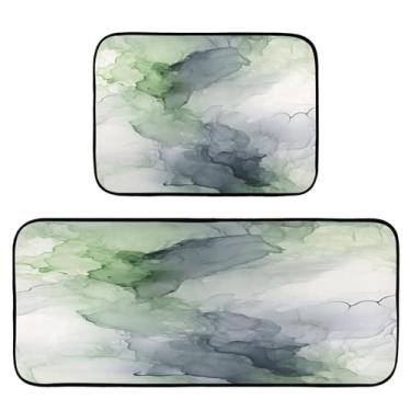 Imagem de Wassud Tapetes de cozinha de mármore verde claro para decoração de casa tapetes de cozinha acolchoados antifadiga tapetes de cozinha antiderrapantes laváveis essenciais de cozinha conjunto de 2