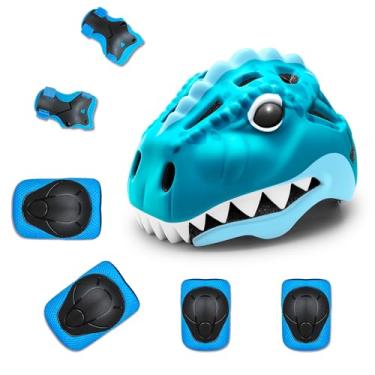 Imagem de KINGBIKE Capacete De Bicicleta Infantil Para Crianças 2 A 3 5 8 Anos, Design Dinossauro 3D, Com Protetores Patins E Luz Led Recarregável, Multiesportivo Skate, Scooter, 48 52 Cm (Azul Celeste + Prot