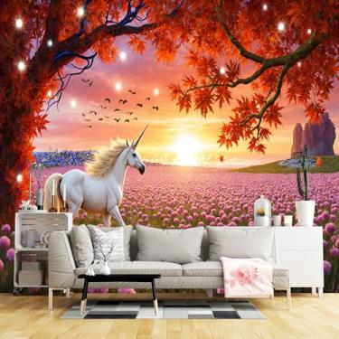 Imagem de Murais de parede de tamanho personalizado, unicórnio branco crina dourada tecido de parede autoadesivo de campo de flores rosa (sem PVC) papel de parede grande removível para sala de estar, quarto