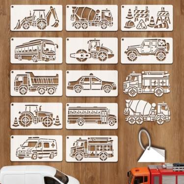 Imagem de GOMAKERER 12 folhas, 12 estilos, estênceis de veículos de construção, 24 x 12 cm, meios de transporte, modelos de pintura de PET, modelos de desenho reutilizáveis para decoração de papel de lona de