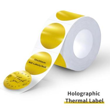 Imagem de YEGAWEN Etiquetas térmicas holográficas de 5 cm - 400 peças de etiquetas redondas para impressora térmica direta para design de logotipo DIY, à prova d'água e glitter arco-íris (dourado)