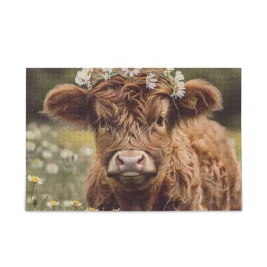 Imagem de Quebra-cabeça de vaca com flores na cabeça, 500 peças, presente faça você mesmo, com bolsa de armazenamento de malha, quebra-cabeça engraçado para adultos