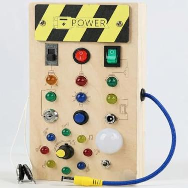 Imagem de Placa Montessori de Atividades Interativas e Sensorial Infantil, Madeira, Botões, Interruptores e Luzes Coloridos, Brinquedo Educativo "2 aos 5 Anos".
