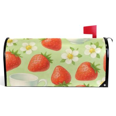 Imagem de TSENQUE Morangos vermelhos margaridas brancas capas de caixa de correio decorativas verdes caixa de correio magnética outono vinil à prova de intempéries decoração de caixa de correio de férias