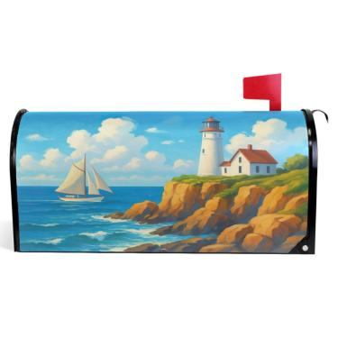 Imagem de TSENQUE Capas decorativas para caixa de correio magnética aquarela farol azul mar primavera caixa de correio envoltórios vinil fazenda decoração caixa de correio exterior tamanho padrão 52,6 x 45,8 cm