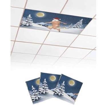 Imagem de Pacote com 3 capas de luz fluorescente para teto de sala de aula - Filtros magnéticos de Natal de Papai Noel nu, capas de inverno com neve de pinheiro para decoração de lâmpada de escritório 1,2 x 6 m