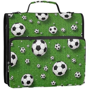 Imagem de Bolas de futebol pretas e brancas, organizador de fichário verde, 3 fichários de 3,8 cm, bolsa de fichário com alça para portfólio escolar e estojo para pasta de anéis, 34,5 x 31,5 x 9 cm