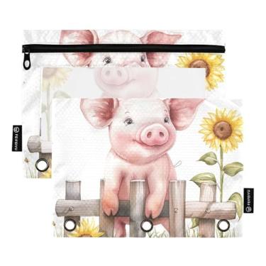 Imagem de Estojo de lápis de porco fofo em aquarela com 3 anéis, fichário com zíper, caneta, transparente, escola, fichário, bolsos, trabalho 25 x 18 cm, 2 pacotes