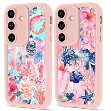Imagem de Zrutru Pacote com 2 capas de telefone verão praia para Samsung Galaxy A14 5G 6,6 polegadas, linda colagem flor tartaruga concha capa estética oceânica, capa protetora de TPU macio rosa para meninas e