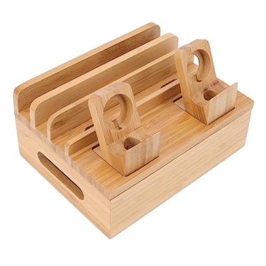 Imagem de aqxreight Estação de Carregamento de Bambu - Multidispositivo de 5 Portas para Telefones, Tablets, Relógios - Base Magnética Compacta Com Base Antiderrapante - Essencial para Viagens (Prata)