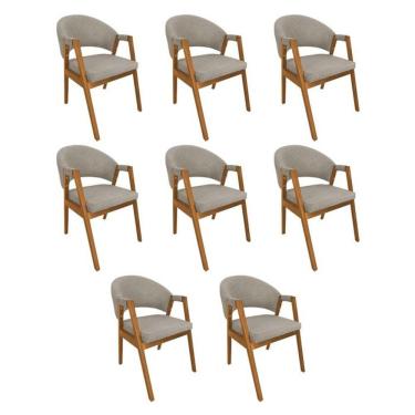 Imagem de Kit 8 Cadeiras De Jantar Madeira Maciça Helen Impermeável Cerejeira Bege Linho