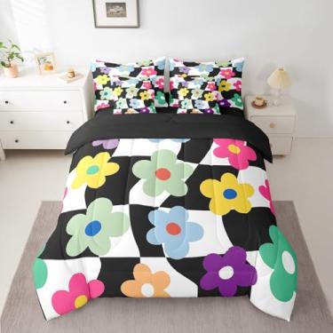 Imagem de Feelyou Conjunto de cama casal com estampa floral, estampa floral, 7 peças, botânico, geométrico, moderno, arte abstrata, conjunto de cama preta com edredom, conjunto de lençóis, fronhas
