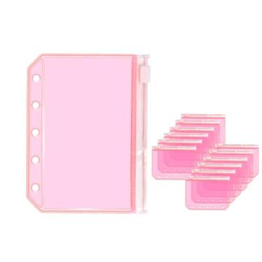 Imagem de NatSumeBasics 12 bolsos rosa A8 fichário 8,4 cm x 10,16 cm envelopes econômicos, protetores de lençol com zíper de 0,3 mm para 5 anéis A8 fichário organizador de pastas de caderno (rosa fluorescente
