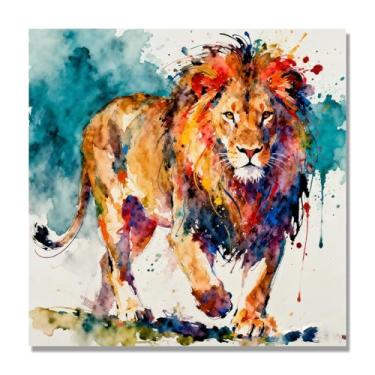 Imagem de Arte abstrata de respingos de leão, pintura colorida de animais em tela, decoração de parede expressiva moderna para sala de estar ou escritório. A01. 50 x 50 cm - 19,6 x 19,6 pol. Somente tela