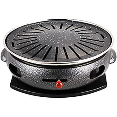 Imagem de Churrasqueira portátil a carvão churrasqueira portátil de mesa fogão a carvão utensílios domésticos para churrasco com bandeja de madeira sólida grelha de ferro fundido (cor: preto, tamanho: 33 x 12