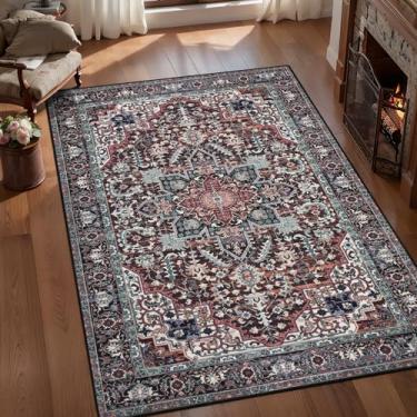 Imagem de SERISSA Tapetes de área 7,5 x 12,7 cm para sala de estar, lavável, antiderrapante, preto e branco, pequeno, vintage, tapete oriental macio para quarto, cozinha, sala de jantar, escritório, vermelho