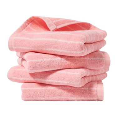 Imagem de HEAVYWOOD Conjunto de 4 toalhas de mão listradas 100% algodão reversível, macio e absorvente toalha de mão decorativa para limpeza de banheiro (rosa / listras brancas, pacote com 4)