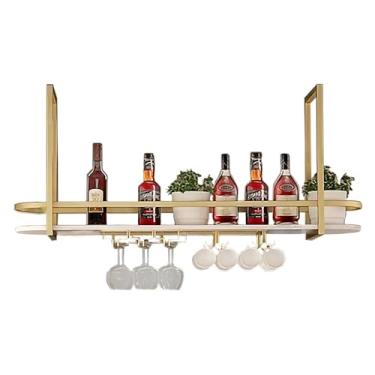 Imagem de Prateleiras flutuantes montadas no teto, rack de vinho suspenso com suporte de vidro e prateleira, organizador de cozinha e rack de armazenamento, para bar, sala de jantar, café (ouro, 100 x 30 x 50