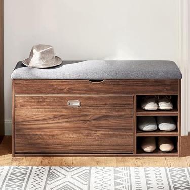 Imagem de Banco de armazenamento de sapatos com almofada e gaveta oculta, sapateira de entrada elegante para sala de estar, corredor e porta da frente - marrom, 100 cm de comprimento