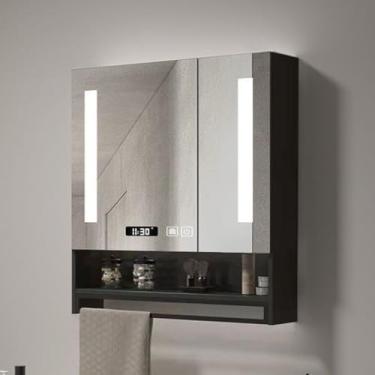 Imagem de Armário de espelho de banheiro de LED inteligente - montado na parede, anti-nevoeiro, design moderno com armazenamento, barra de toalha e prateleira aberta - espelho de maquiagem iluminado com visor