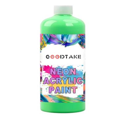 Imagem de GOODTAKE Tinta acrílica neon | Frascos de 1000 ml | Pintura acrílica de cores neon | Não tóxica | Tintas verdes neon para tela, papel, pedras | Tintas de arte e artesanato para artistas (verde neon