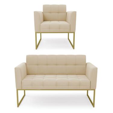 Imagem de Kit 1 Sofá Namoradeira E 1 Poltrona Elisa Suede Base Metálica Industrial Dourado - D\'rossi Cor Bege