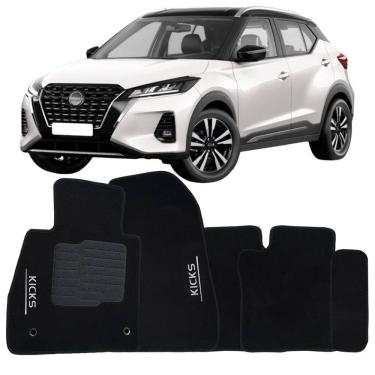 Imagem de Tapete Carpete Kicks 2016 à 2024 Preto Logo Bordado Jogo 5 Peças Personalizado Automotivo