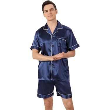 Imagem de Conjunto de pijamas de cetim masculino - shorts de manga curta de verão roupas de dormir soltas, botão com lapela de lapela respirável fino seda de dois peças de traje de noite