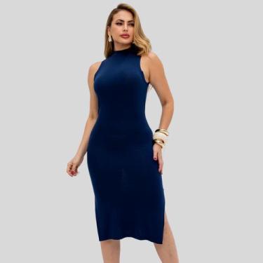 Imagem de Vestido Midi Acinturado Estilo Básico Com Fenda Lateral Regata Tubinho
