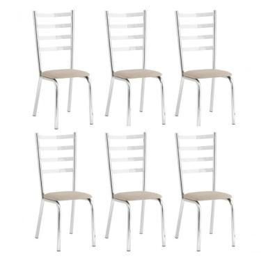 Imagem de Conjunto 6 Cadeiras Laura Estrutura em Aço Assento em Tecido Bege para Sala de Jantar