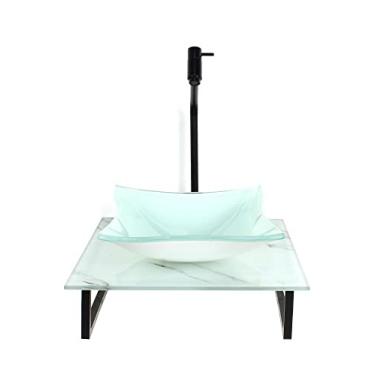 Imagem de KIT CUBA DE VIDRO QUADRADA 10MM COM TAMPO DE VIDRO 40CM X 40CM MÁRMORE BRANCO E SUPORTE PRETO