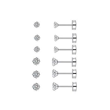 Imagem de 6 pares de brincos de piercing de cartilagem de aço inoxidável 20G redondo de zircônia cúbica brinco barra tragus CZ brincos conjunto para homens e mulheres parafuso plano na parte de trás joias presentes pacote de 2 mm 3 mm