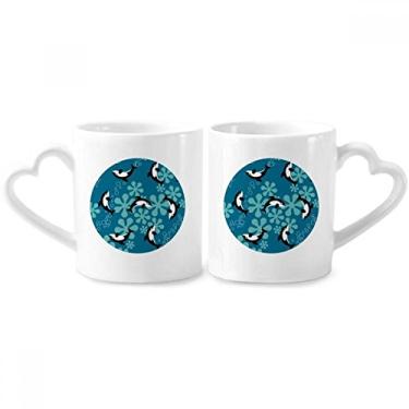Imagem de Conjunto de canecas de porcelana para casais, golfinhos e baleias com desenho de golfinhos e ondas azuis para casais,