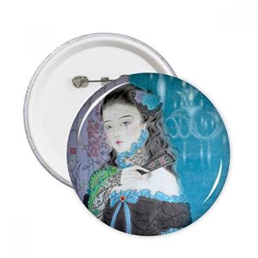 Imagem de Azul clássico menina estilo chinês alfinetes redondos aquarela crachá botão emblema acessório decoração 5 peças