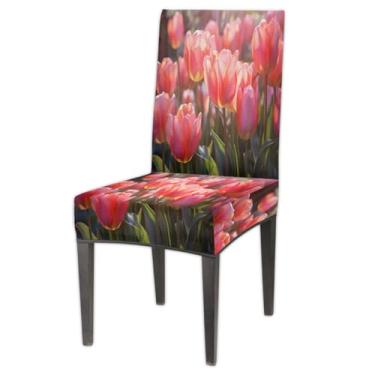 Imagem de Capas de cadeira única para sala de jantar rosa tulipa elastano cozinha Parsons capas de cadeira, capas de cadeira elásticas removíveis laváveis capas de assento para cadeiras capa protetora para
