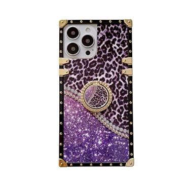 Imagem de nincyee Capa quadrada para iPhone 14 Pro Max, espelho de luxo rosa flor leopardo sinos de vento impressão moda rua TPU patch case com anel de diamante suporte