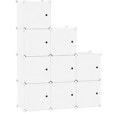 Imagem de C&AHOME Organizador de armazenamento em cubo com portas, prateleira de 9 cubos, armário de armário, estante modular de plástico faça você mesmo, prateleiras de armazenamento ideais para quarto, sala de estar, 91 cm C x 32,4 L x 91 cm A leitosa USHS3009M-DOOR