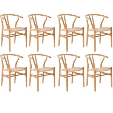 Imagem de Kit com 8 Cadeiras para Sala de Jantar Wishbone Madeira Maciça Madeira Clara