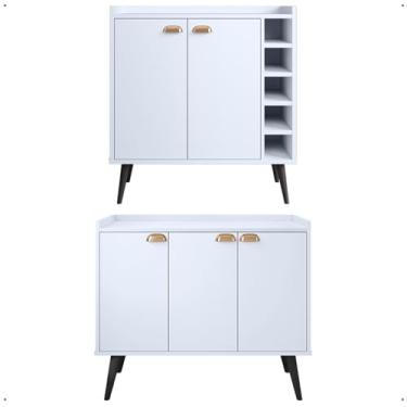 Imagem de Kit Sala Jantar Cantinho Café Barzinho Aparador 3 Portas Pés Palito Buffet Adega Organizador Garrafas Retrô - Lojas RPM (Branco)