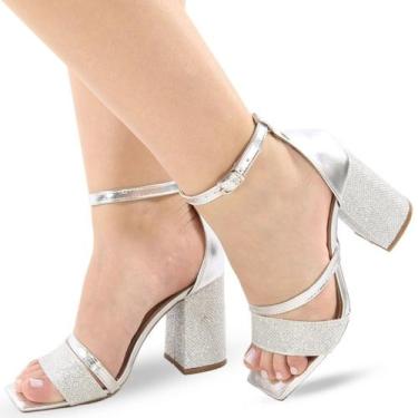 Imagem de Sandália Re&Ton Salto Alto Grosso Brilho Festa Feminina BL45, Prata, 3