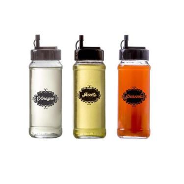 Imagem de Kit Galheteiros De Vidro 330ml Redondo 3 Peças(Azeite/Vinagre/Pimenta)