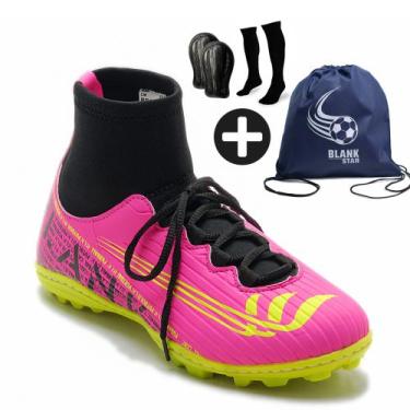 Imagem de Kit Chuteira Society Botinha Blank com Meião, Caneleira e Mochila PINK