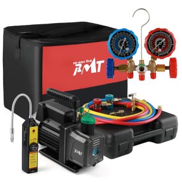 Imagem de PB Motor TECH 4.5CFM Bomba de vácuo 1/3HP com conjunto de manifold de 3 vias AC para R134a R12 R22 R502 - Inclui detector de vazamento, torneira de perfuração R134a e mais