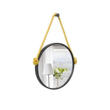 Imagem de Espelho Decorativo Adnet Preto Alça Sisal Amarelo 50 cm Redondo - E2G 