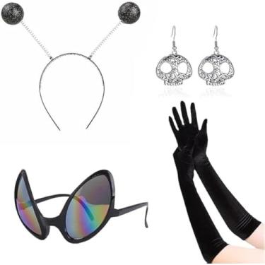 Imagem de SHDIEHJFMLDH 4 Pcs Alien Costume Accessories With Alien Headband, Alien Glasses, Gloves, Earring, Necklace for Cosplay Costume, Space Theme Accessories(Black)