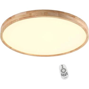 Imagem de Lâmpada de teto Lâmpada de madeira redonda Lâmpada de madeira regulável com controle remoto Lâmpada de teto Oa Lâmpada de teto vintage Lâmpada de teto retrô com lâmpada LED rústica para sala