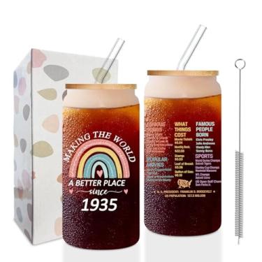 Imagem de Boho, copo fosco de 90 anos, presentes de aniversário de 90 anos de 1935 para mulheres, decorações engraçadas de copo de festa de 90 anos, copo de informações antigas de 1935, copo de vidro para festa