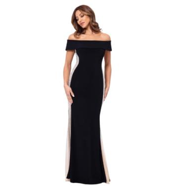 Imagem de Xscape Vestido maxi feminino com ombros de fora com contas colado ao corpo, Preto Nude Prata, 42