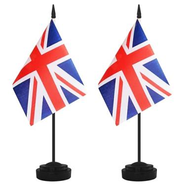 Imagem de Conjunto de 2 bandeiras de mesa do Reino Unido, mesa pequena de mesa da Grã-Bretanha, bandeira de escritório em miniatura com poste preto de 30 cm e base preta, escritórios, sala de aula, casa,