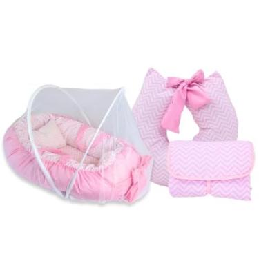 Imagem de Kit Completo para o Conforto e Cuidado do Bebê – Ninho com Mosquiteiro, Almofada de Amamentação e Trocador! (Chevron Rosa)